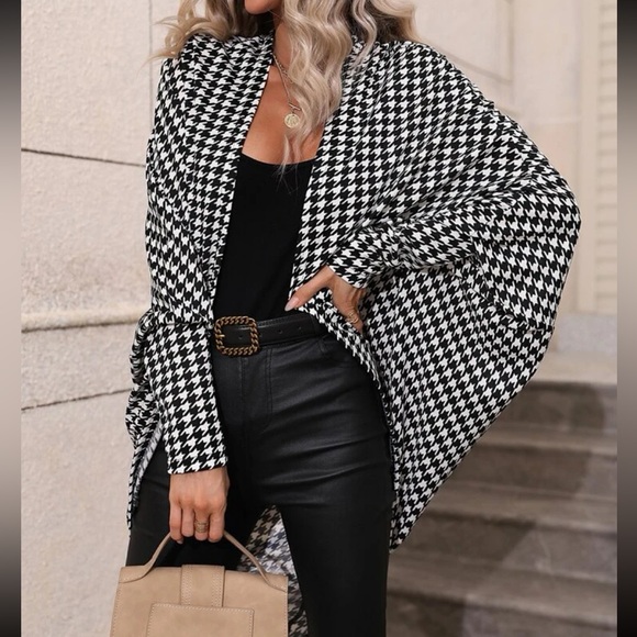 Classic Houndstooth Plaid Batwing Sleeve Open Front Cover UP Coat LIGHTWEIGHT - Picture 4 of 11